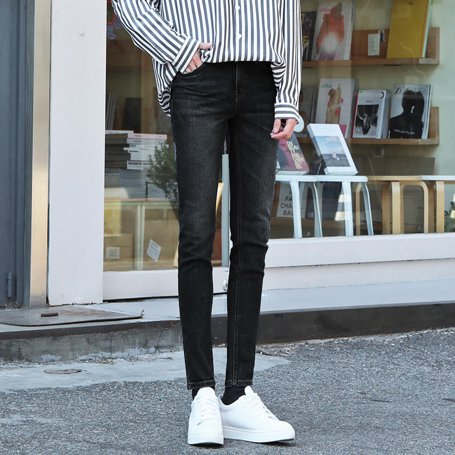 Ms秋冬新款轻奢时尚修身牛仔裤男水洗磨白高品质弹力显瘦小脚长裤