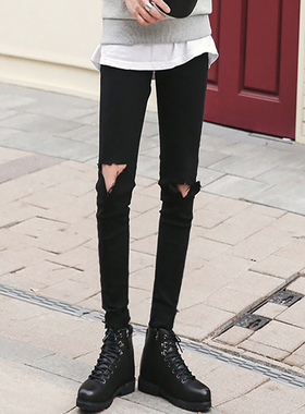 高街黑色膝盖破洞牛仔裤男生韩版slp潮流ins痞帅刮烂小脚乞丐裤男