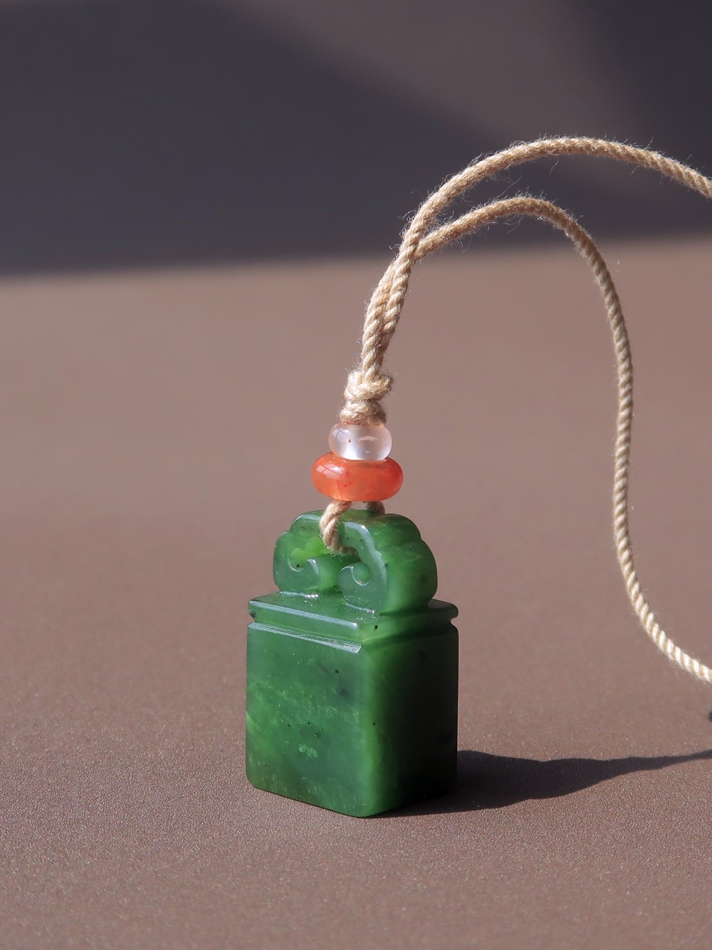 隆和斋藏天然玉石超美新疆碧玉如意云头印章锁型吊坠挂件满绿油润