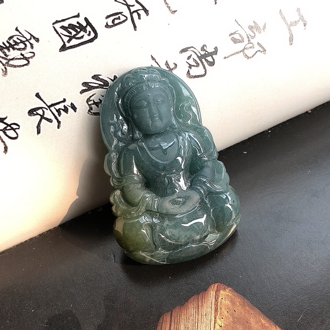 A货观音佛吊坠缅甸玉石翡翠挂件细糯种蓝水佛魔一念天然翠玉保真