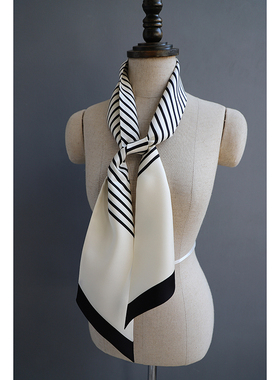 北欧简约风黑白条纹真丝窄长条丝巾多功能飘带领巾双层斜纹桑蚕丝