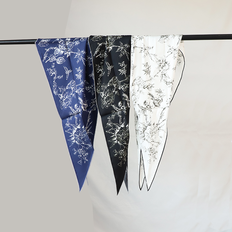 素描花卉菱形巾 百搭简约14姆米斜纹真丝丝巾100桑蚕丝领巾手工边