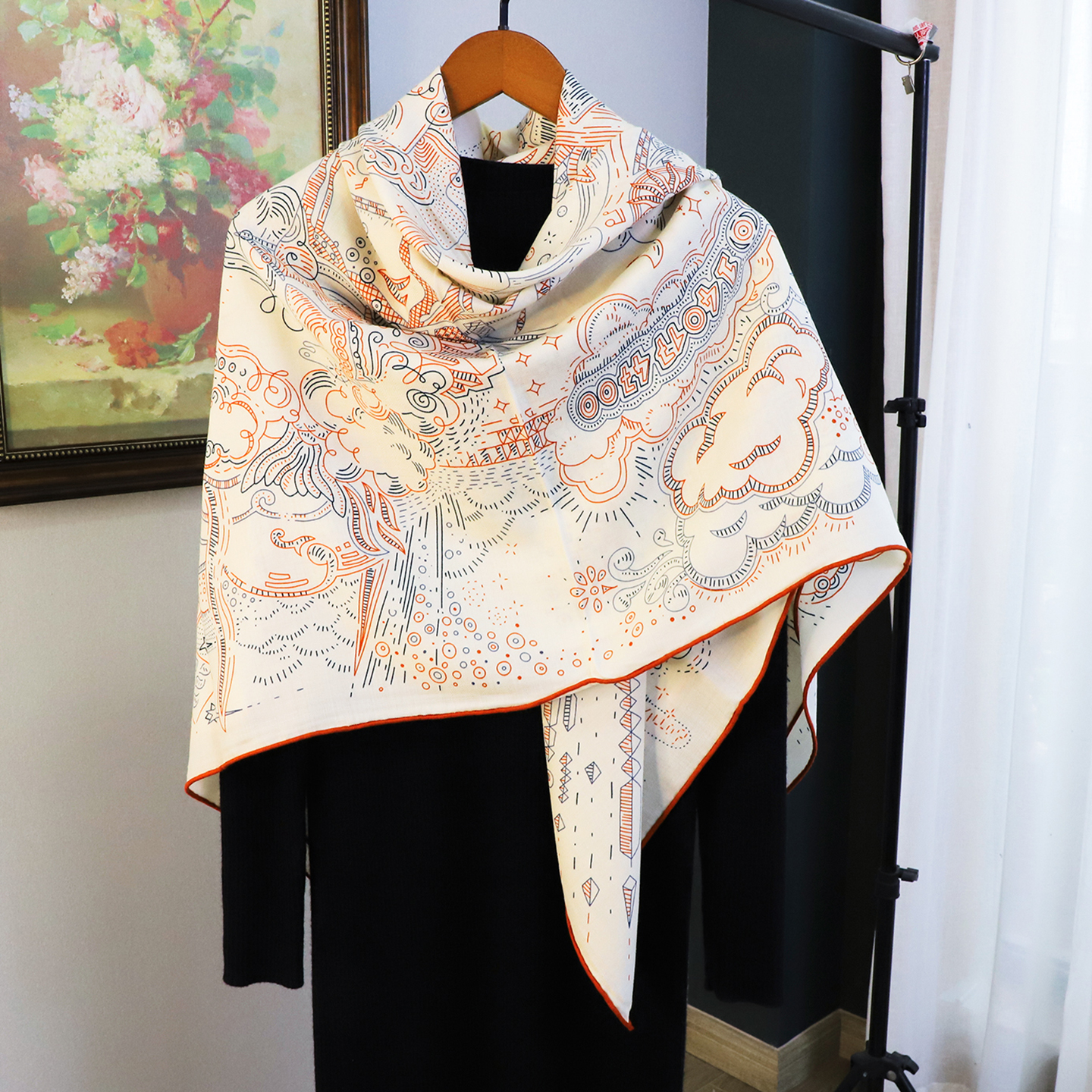 正在接通中 橘色调140丝毛真丝羊毛大方巾秋冬夏围巾空调保暖披肩