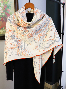 正在接通中 橘色调140丝毛真丝羊毛大方巾秋冬夏围巾空调保暖披肩