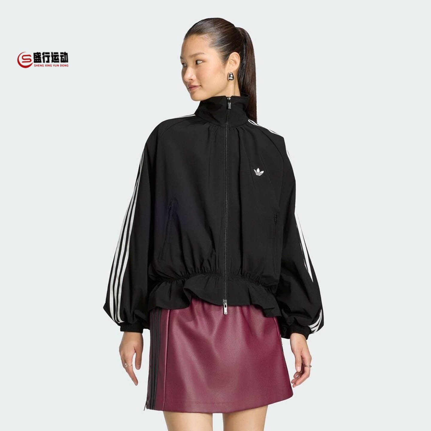 阿迪达斯三叶草女装2026年秋季复古宽松收腰荷叶边休闲外套LG4075