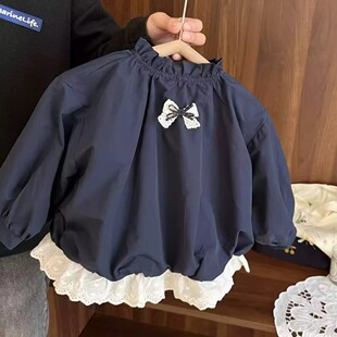 女童风衣外套秋季长袖宝蓝色花边单排扣洋气百搭保暖外套加厚新