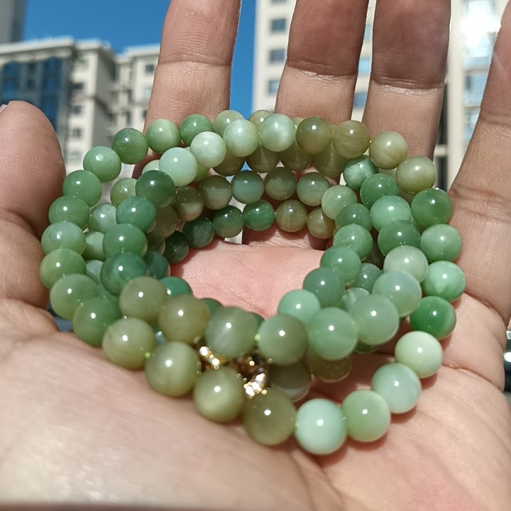 彩云轩精品玉器84.6克和田玉碧玉起荧光猫眼圆珠项链手链手串