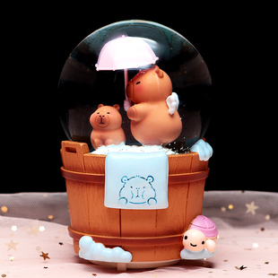 卡皮巴拉水晶球音乐盒创意河豚发光飘雪八音盒女孩子儿童生日礼物