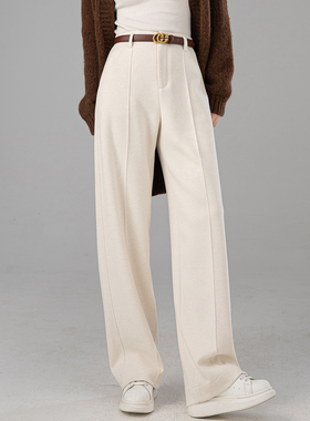 曼依拉加厚白色羊毛呢醋酸香蕉裤女秋冬直筒裤糯米裤阔腿裤长裤子