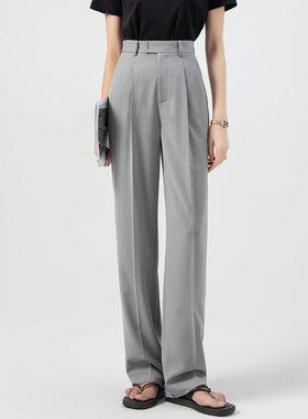 凉感夏季薄款垂感显瘦窄版阔腿裤女精纺羊毛西装裤灰色直筒裤长裤