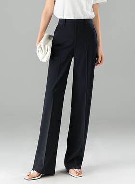 藏蓝色夏季薄款西装裤女精纺羊毛高腰窄版直筒裤通勤西裤休闲长裤