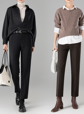 曼依拉加厚糯米醋酸羊毛呢九分裤女靴裤秋冬窄版西装小直筒铅笔裤