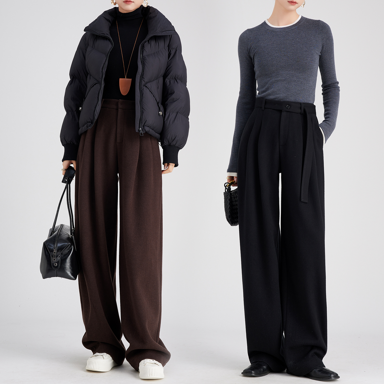 毛呢高腰慵懒风宽松阔腿裤