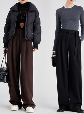 曼依拉加厚绵羊毛阔腿裤女长裤子2025冬季新款毛呢宽松直筒休闲裤