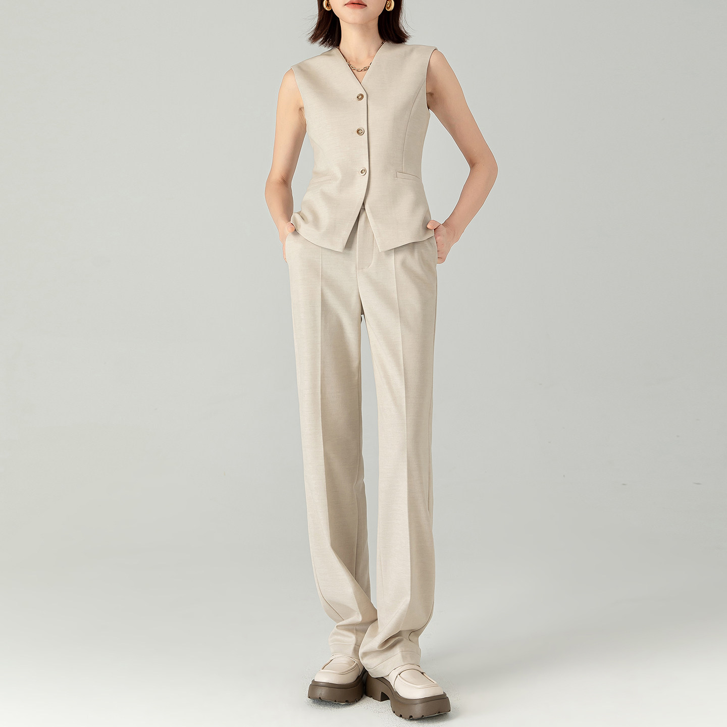高级感精纺羊毛西装马甲直筒裤三件套女西服外套窄版长裤套装清仓