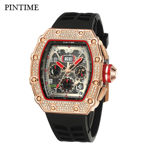 瑞士PINTIME手表一件满钻酒桶型镂空石英手表男士机械风男表
