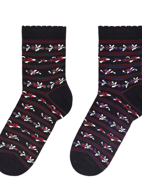 棉元素女士袜子春秋款民族风提花袜舒适复古百搭女生中筒袜T731