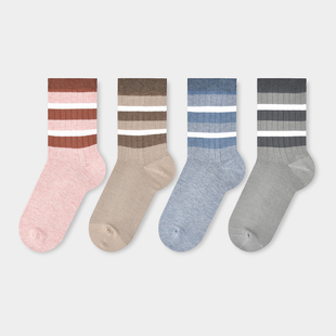 街头四季 百搭袜子T20555 素简约风条纹中筒袜女撞色时尚 棉元
