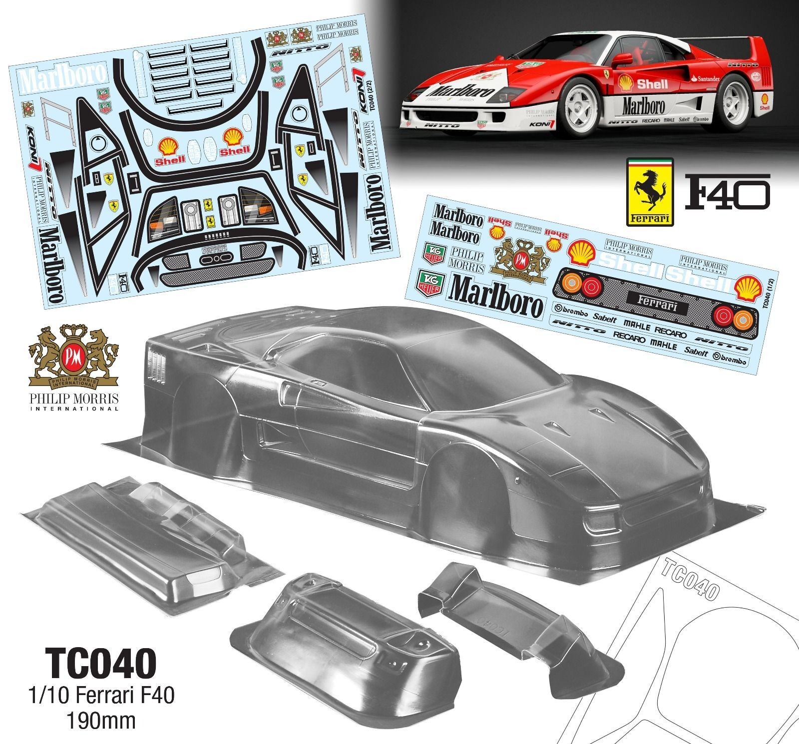 1/10 Ferrari F40 TC040 190mm  透明PC  附灯杯 运费6元