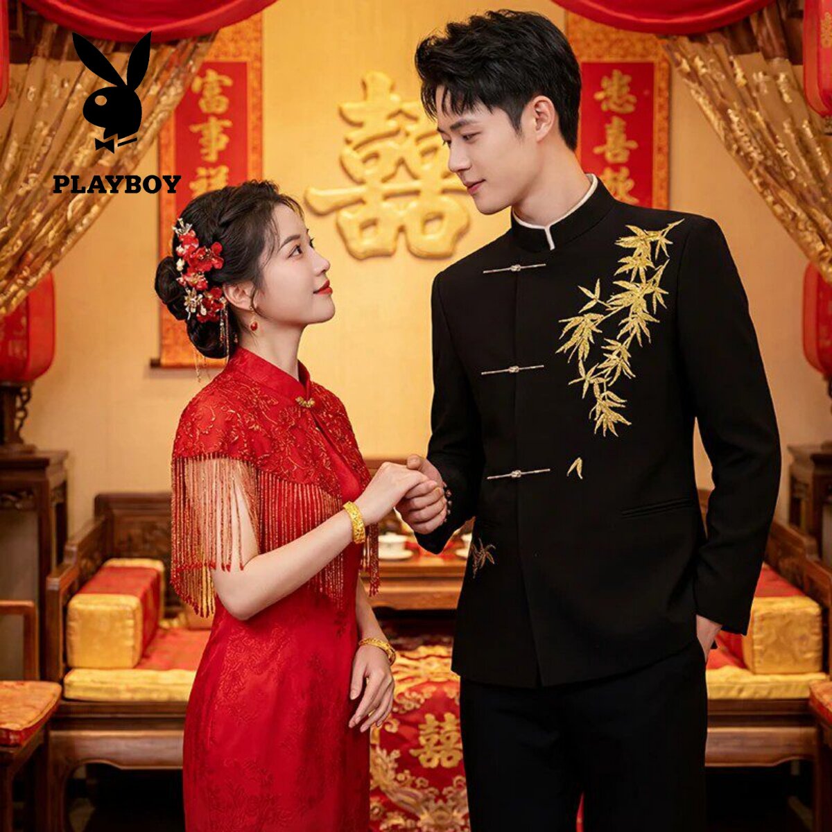 花花公子中山装男婚礼结婚新郎高级立领西装订婚礼服西服中式宴会