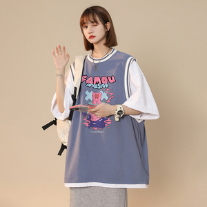 中性风  夏季新款宽松圆领假两件涂鸦印花短袖 T6612 P40控58图片