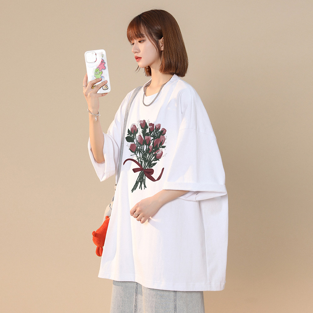 中性风夏季宽松圆领纯棉短袖花朵印花男女美潮T6037P25控38,男装T恤,电商A268