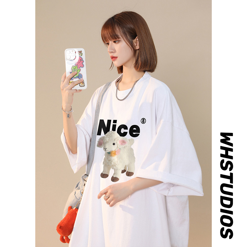中性港风  夏季宽松圆领纯棉短袖小羊NICE印花男女 T6034 P25控38图片