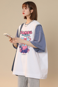 中性风  夏季新款宽松圆领假两件涂鸦印花短袖 T6612 P40控58图片