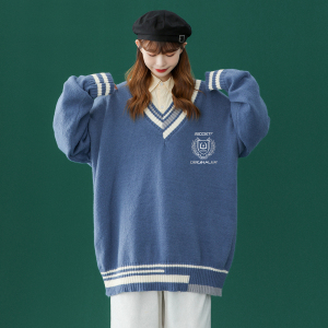 中性秋冬宽松圆领V领学院毛衣男女针织衫潮新上衣 M6112 P65控78图片