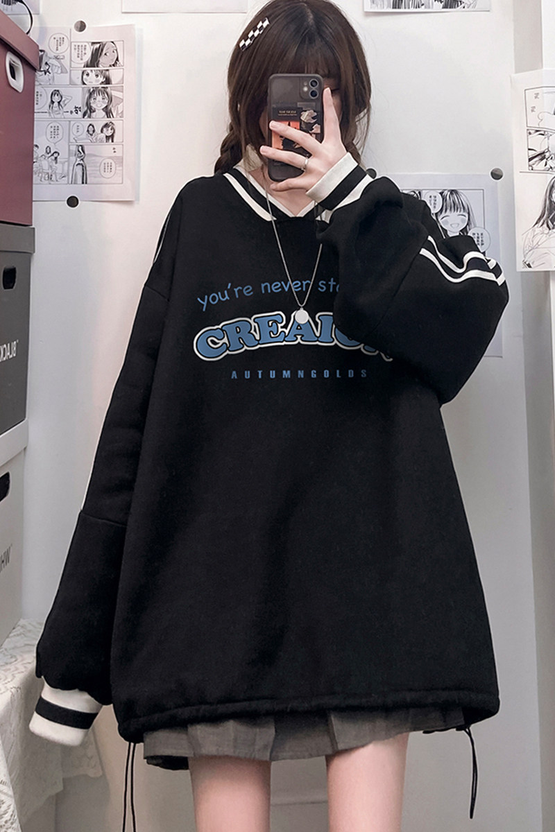 中性秋韩版撞色小V领宽松抽绳卫衣男女情侣上衣新B606P55控68,男装卫衣,电商A268