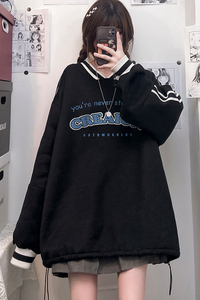 中性 秋韩版撞色小V领宽松抽绳卫衣男女情侣上衣新 B606 P55控68图片