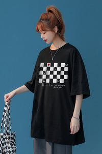 中性港风夏季新款宽松圆领纯棉短袖棋盘格男女 T6027 P25控38图片