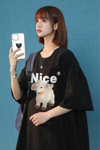 中性港风  夏季宽松圆领纯棉短袖小羊NICE印花情侣 T6034 P25控38图片