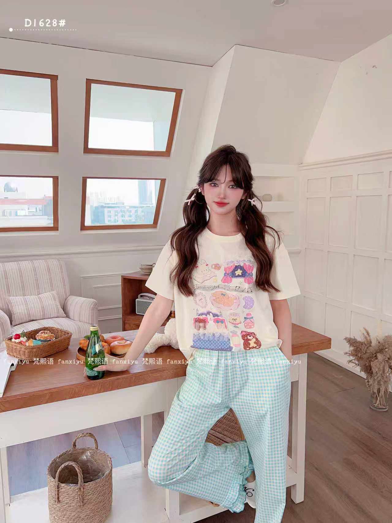 梵熙语2026春夏新款纯棉半袖长裤家居服睡衣女宽松卡通家居服套装