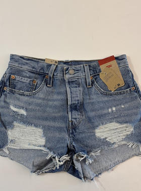 现货Levi's/李维斯女501纯棉高腰蓝色水洗做破牛仔短裤#563270321