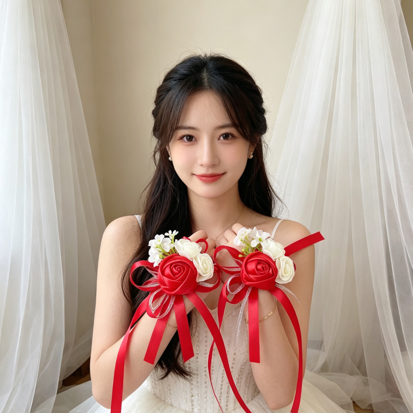 红色新娘手腕花伴娘姐妹婚礼用品仿真花红色胸花丝带缎带玫瑰手花