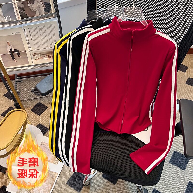 实拍美式复古杠条立领拉链长袖T恤女秋冬短款磨毛修身打底衫黑色