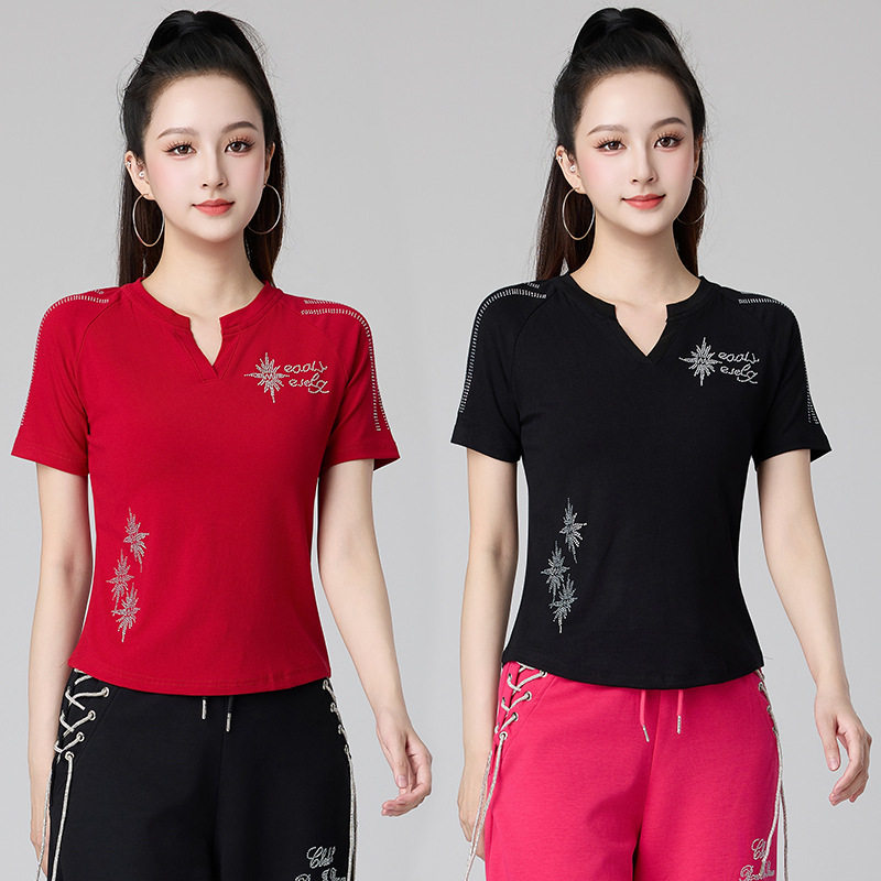 广场舞新款V领短袖上衣女夏季修身烫钻舞蹈服运动时尚T恤