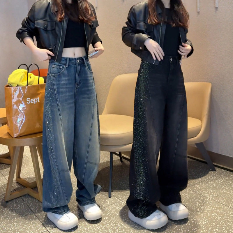 烫钻弯刀牛仔裤女春季2026年新款阔腿裤大码胖mm梨型身材直筒裤子