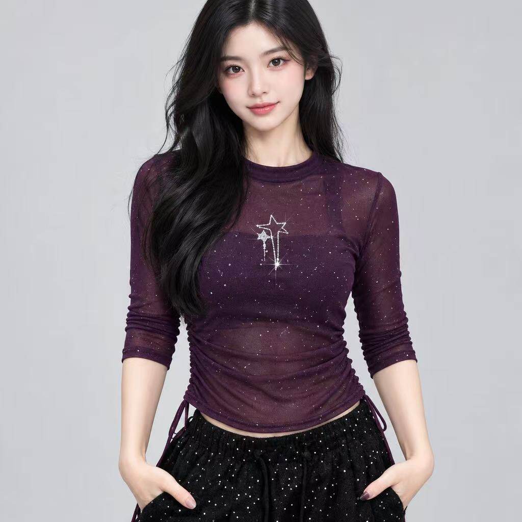 2026秋季新款广场舞爵士舞服装烫钻网纱长袖上衣女显瘦团队舞蹈服