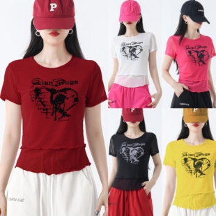 2026夏季新款广场舞服2252印花双层网纱短袖修身显瘦时尚百搭T恤