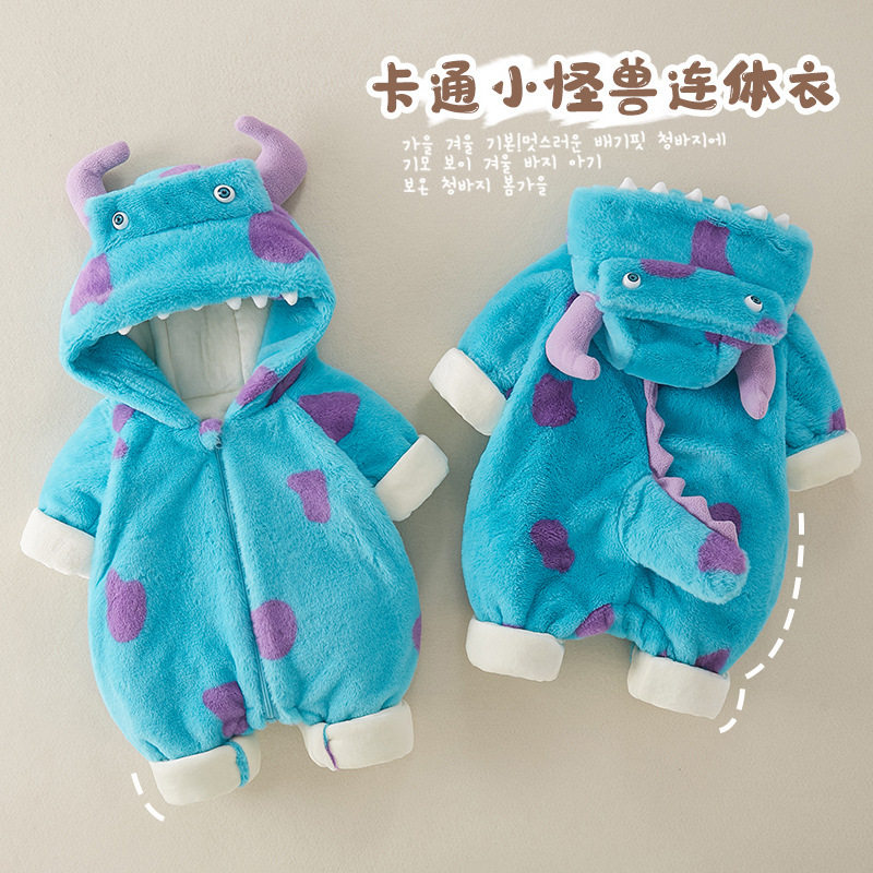 婴儿冬季棉服加绒夹棉加厚宝宝超萌小怪兽连体衣卡通可爱搞怪爬服