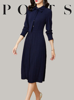 大牌春秋季长袖连衣裙收腰显瘦气质名媛女神范百褶裙木耳边衬衫裙