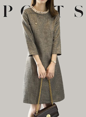 大牌2026春秋季高级感木耳边气质宽松复古法式小香风金丝线连衣裙