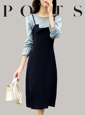 大牌2026春秋季法式赫本风气质百搭吊带裙奢开叉裙假两件连衣裙