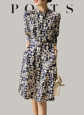 国际大牌2026春秋季收腰几何真丝印花衬衫裙通勤系带桑蚕丝连衣裙