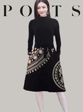 大牌2026秋冬女秦岚明星同款复古修身显瘦重工刺绣绣花羊毛连衣裙