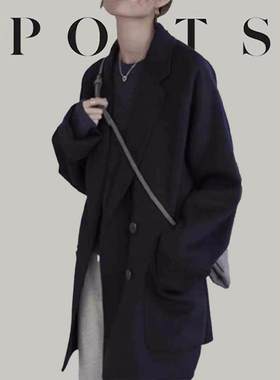 大牌2026秋冬黑色短款双面呢羊毛大衣女韩版简约中长款宽松西装领