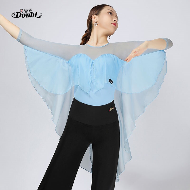 丹宝罗飘袖拉丁舞练功服摩登服装玫红女士舞蹈上衣网纱交际舞服装