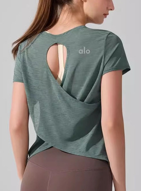 ALO轻薄透气镂空瑜伽服女宽松短袖t恤美背显瘦舞蹈健身跑步罩衫夏